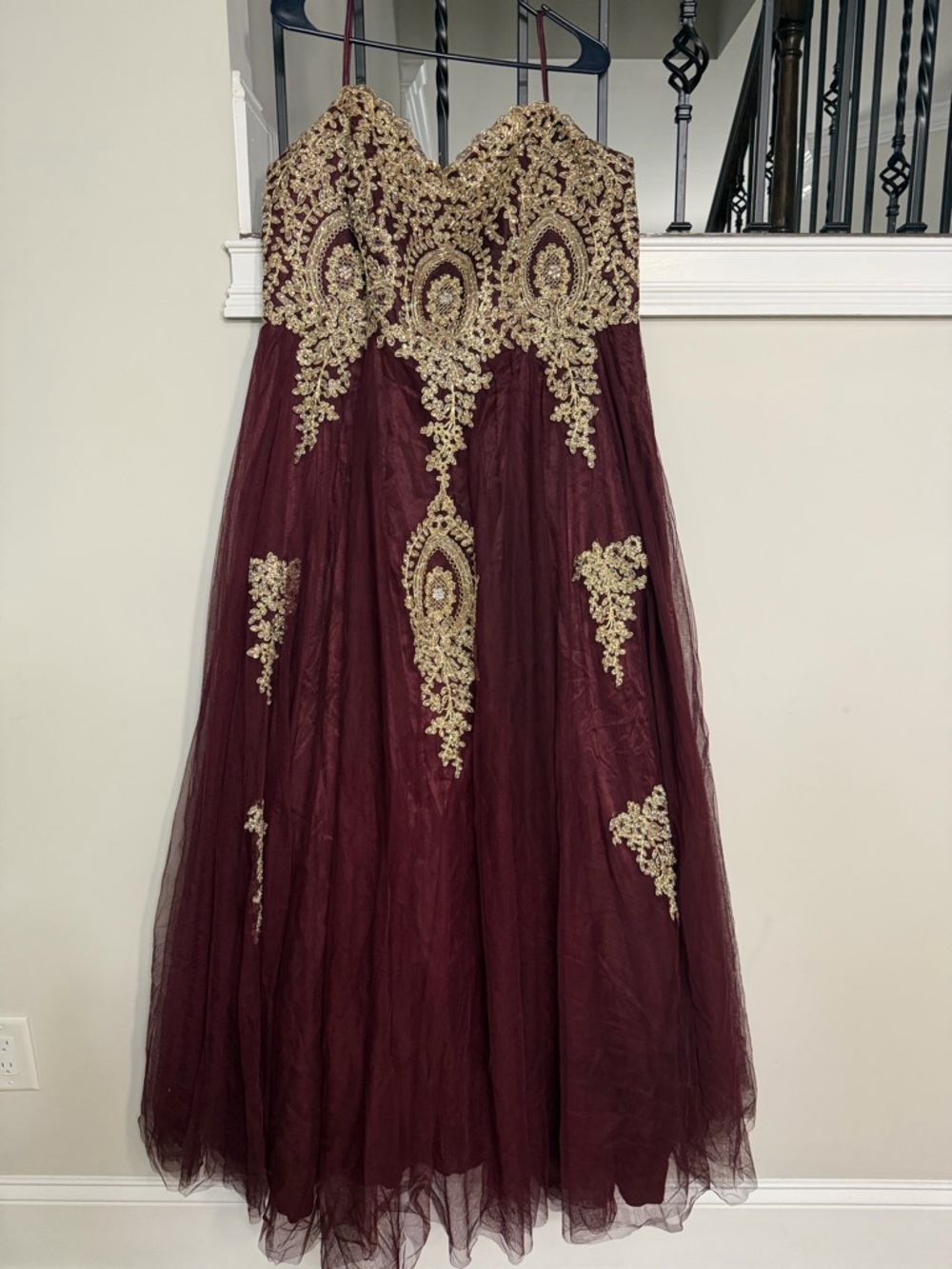 Say Yes Trendy Plus Size Strapless Embellished Burgundy with gold Gown